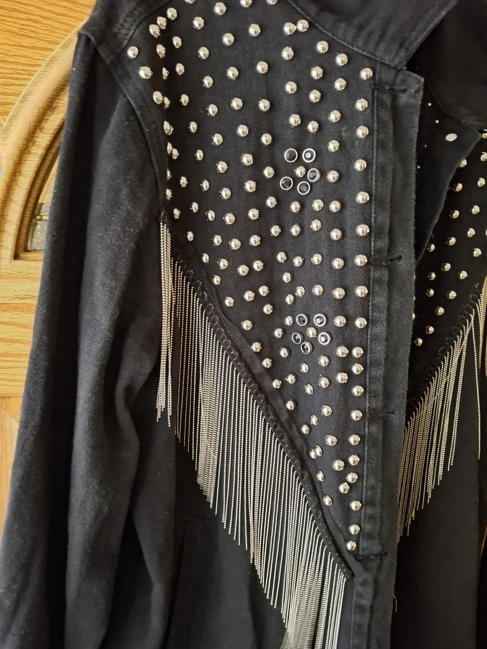 Western Black Studded Denim Jacket with Silver Fringe - Picture 2 of 5